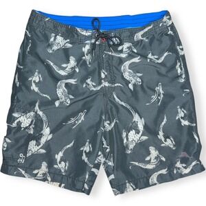 Tommy Bahama Men's Large Swim Trunks Black White Koi Fish All Over Pattern Board